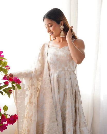 LadyVastara Royal Banarasi Jackquard Dola Silk Anarkali Gown Set