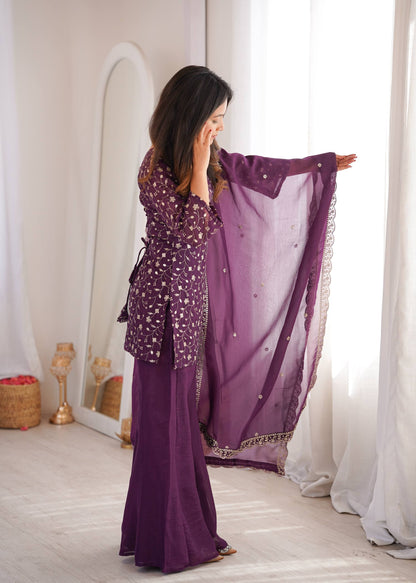 LadyVastara Designer Crunchy Silk Kurta Bell Bottom Set With Embroidery Sequence & Zari Work Dupatta