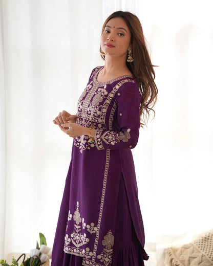 LadyVastara Designer Chinon Silk Kediyakurta with Sharara & Dupatta Set