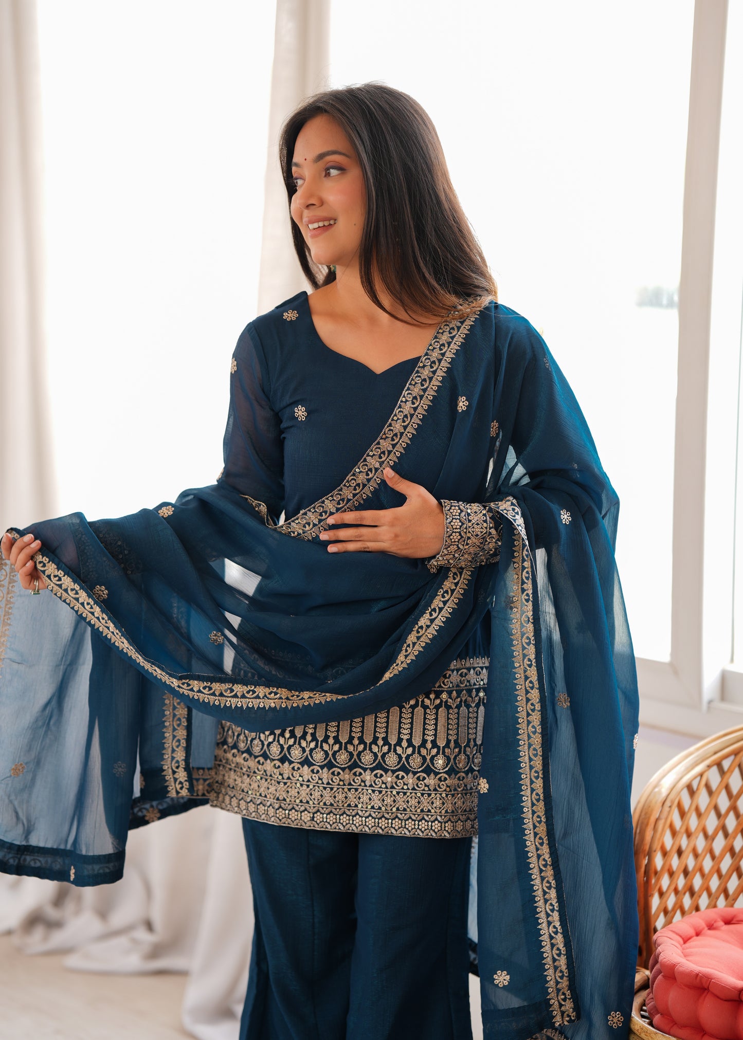 LadyVastara Crunchy Silk Embroidered Kurta with Bell Bottom Pant & Dupatta