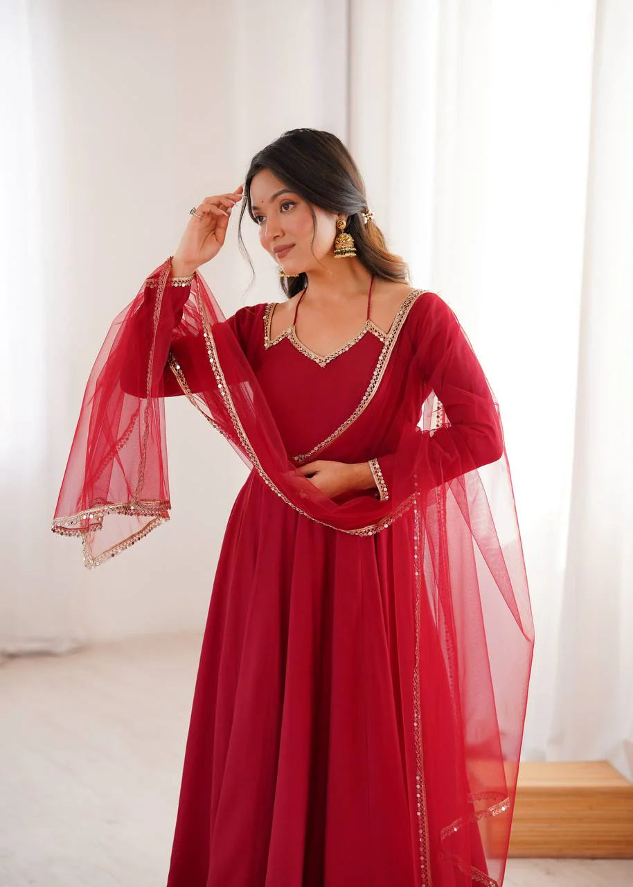 LadyVastara Designer Lace Work Anarkali Gown with Net Dupatta