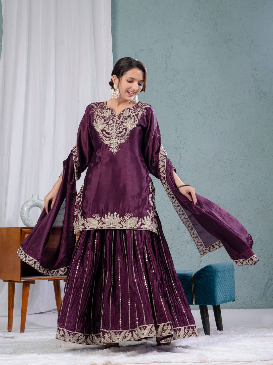 LadyVastara Elegant Chinnon Sharara Set with Intricate Embroidery