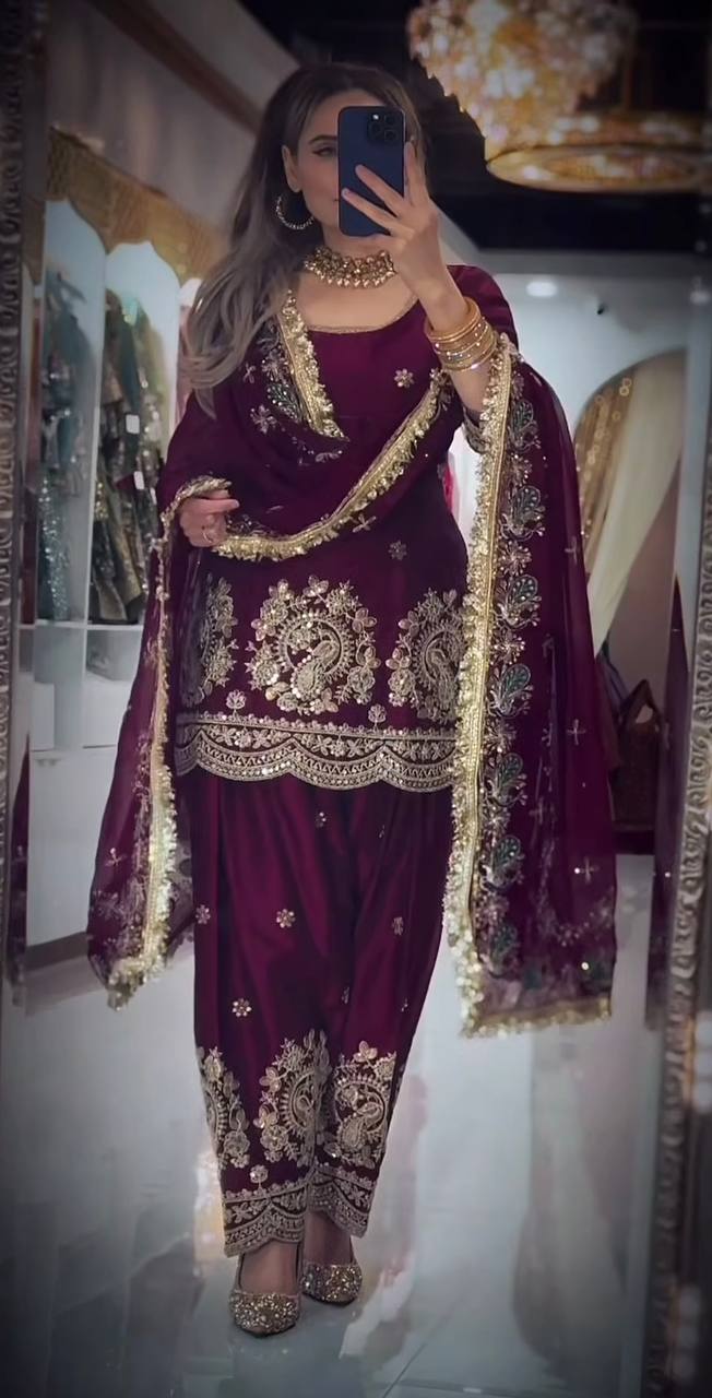 LadyVastara Heavy Embroidered Crushi Silk Top with Stylish Farshi Salwar Set