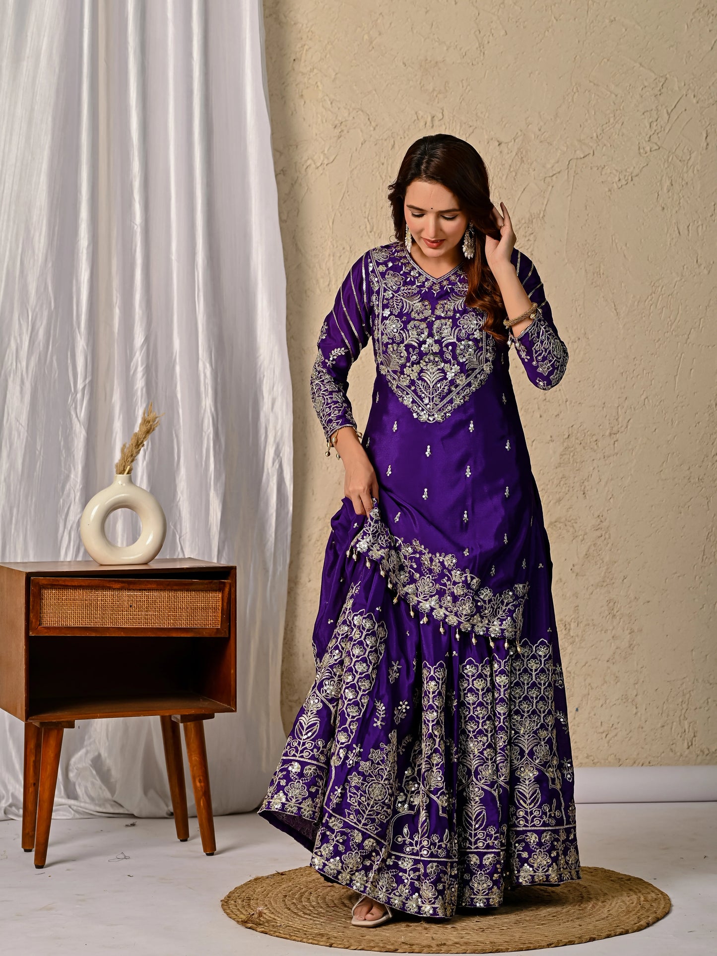 LadyVastara Royal Purple Luxurious Wedding & Party Wear Heavy Embroidered Sharara Suit
