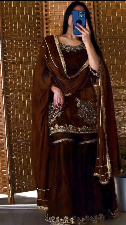 LadyVastara Designer Natural Crepe Embroidered Top Sharara Palazzo Set with Dupatta