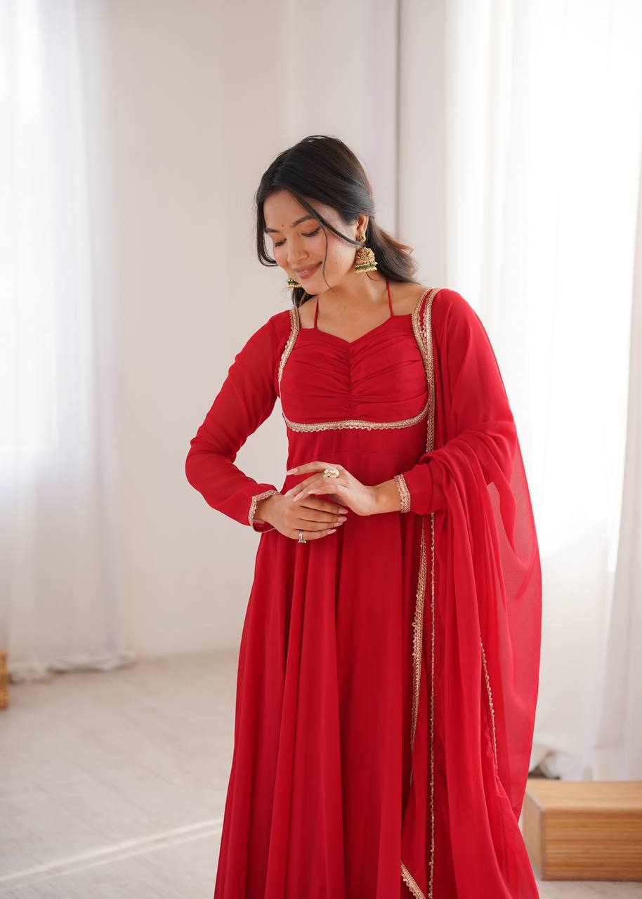 LadyVastara Premium Designer Fox Georgette Long Gown with Rich Flare & Lace Dupatta