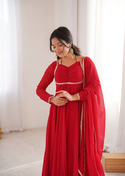 LadyVastara Premium Designer Fox Georgette Long Gown with Rich Flare & Lace Dupatta