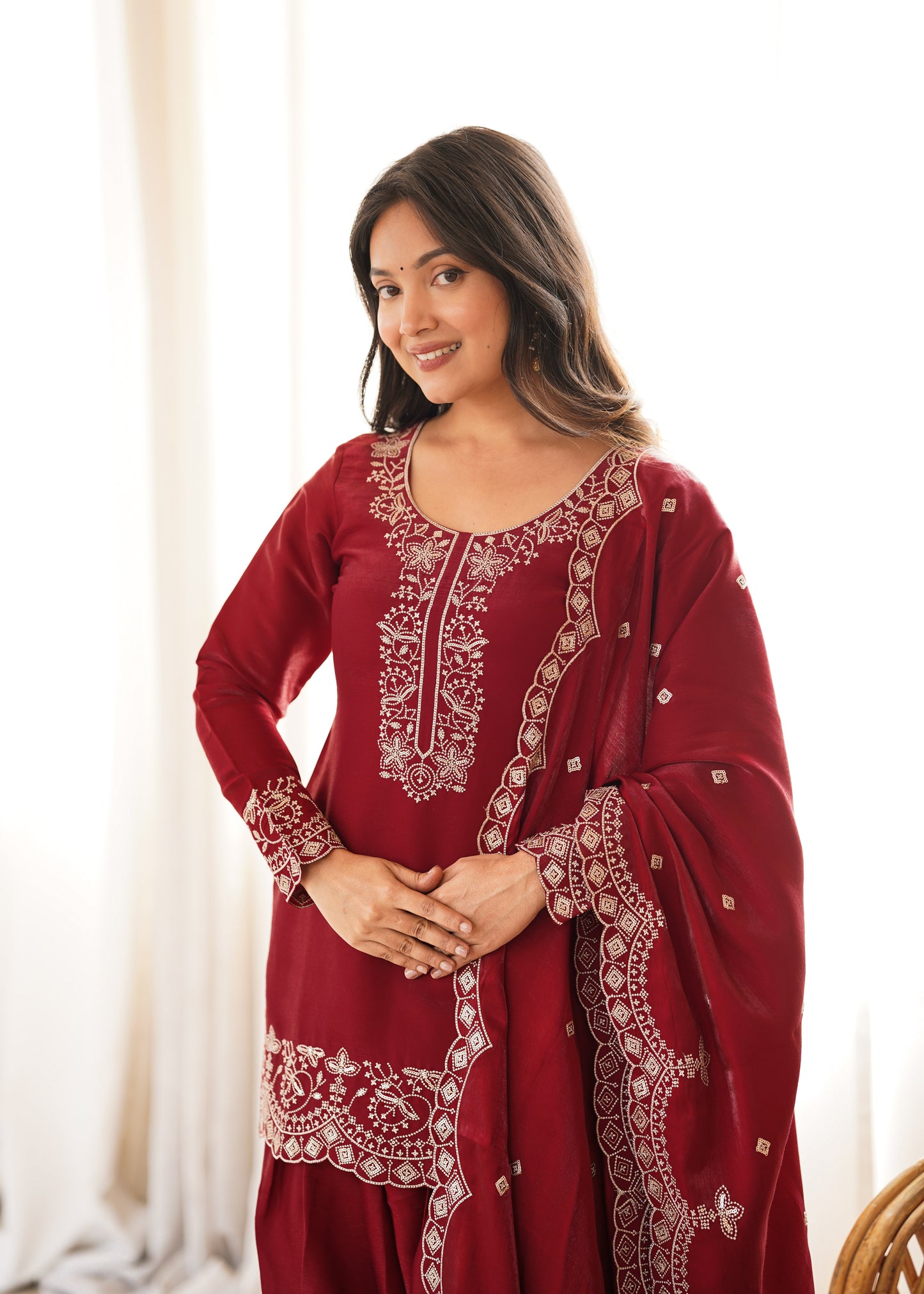 LadyVastara Elegant Glass Roman Silk Kurta Farshi Shalwar Set with Embroidered Dupatta