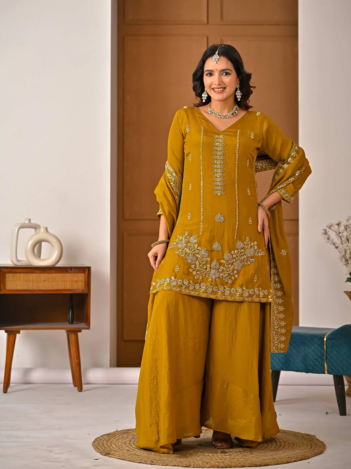 LadyVastara Women's Heavy NC Vichitra Embroidered Sharara Set with Dupatta