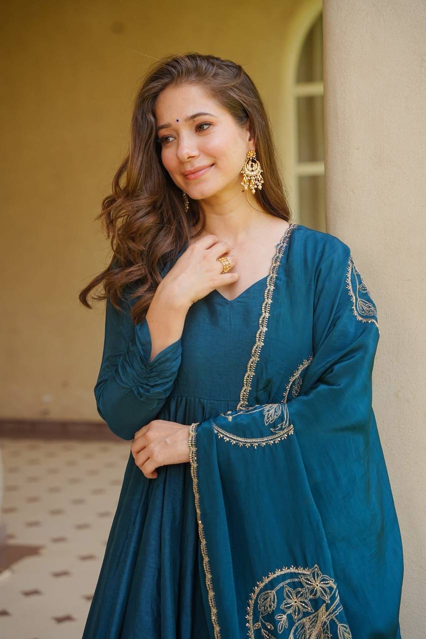 LadyVastara Premium Heavy Vichitra Silk Anarkali Suit Set