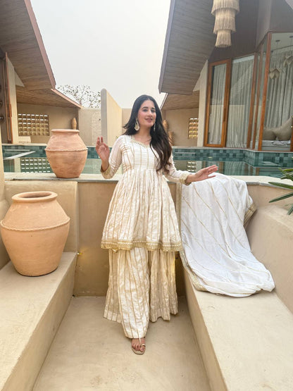 LadyVastara Royal Embroidered Vichitra Silk Sharara Suit with Dupatta