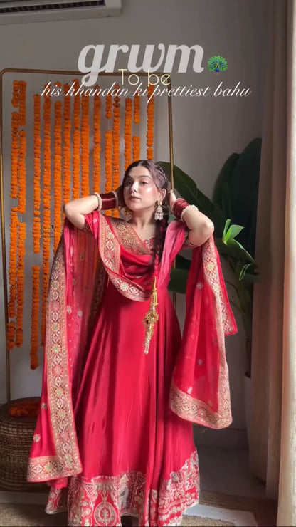 Ladyvastara Royal Red Anarkali Set with Heavy Embroidery | Bridal & Festive Wear