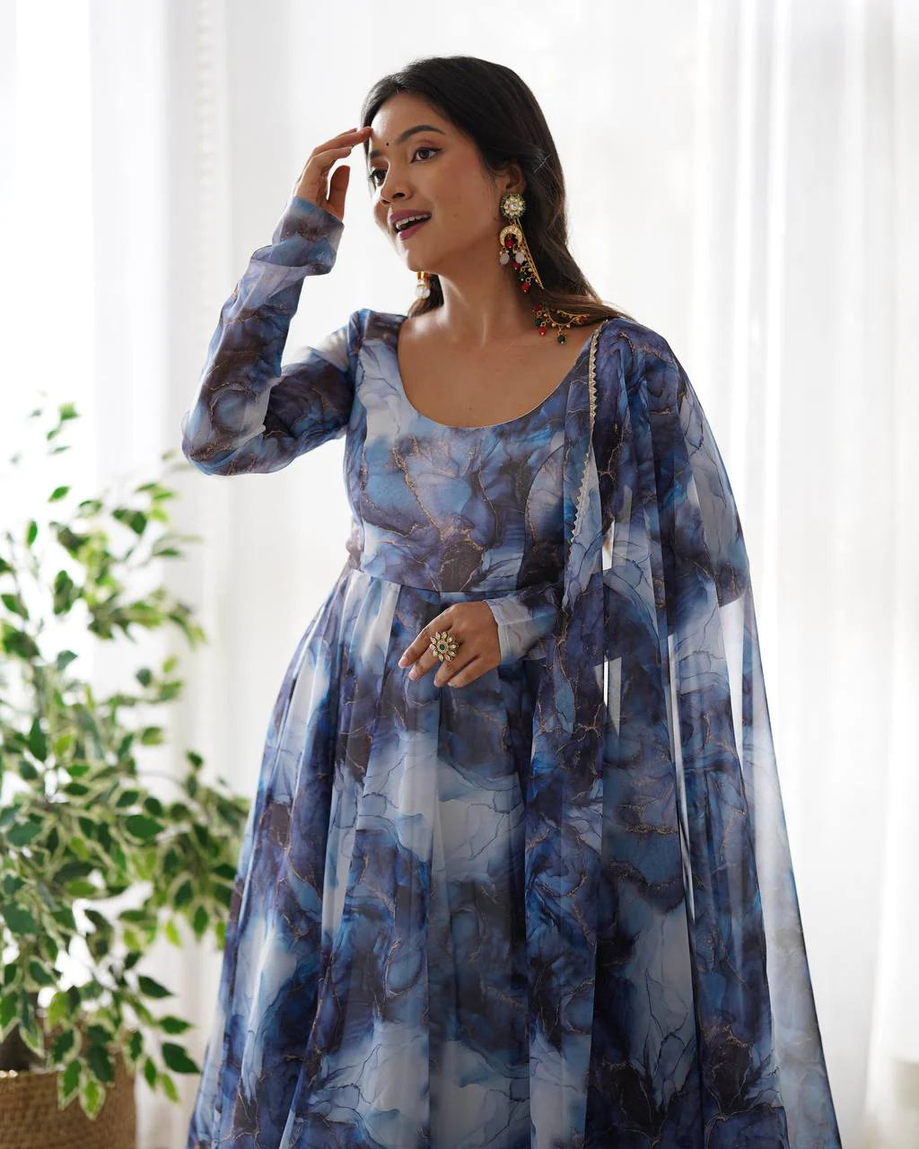 LadyVastara Women’s Pure Soft Organza Silk Marble Print Anarkali Suit Set with Gota Patti Dupatta