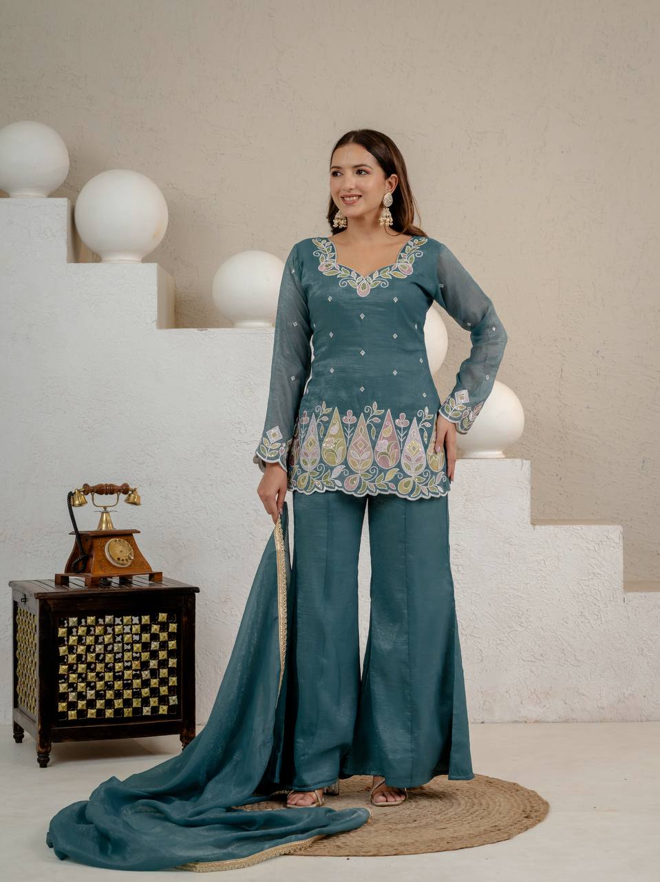 LadyVastara Heavy Crunchy Silk Embroidered Kurta Set with Palazzo & Dupatta