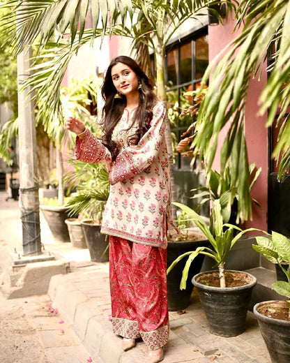 LadyVastara Natural Crepe Digital Print Farshi Palazzo Set with Mirror Work