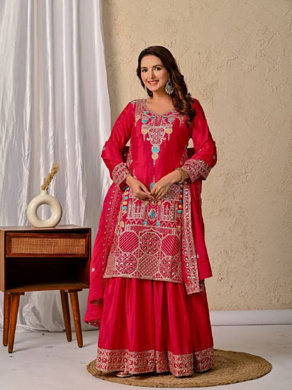 LadyVastara Designer Chinnon Silk Kurta Sharara Set with Embroidered Dupatta