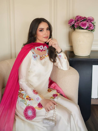 LadyVastara Heavy Roman Glass Silk Embroidered Sharara Suit Set with Chiffon Dupatta
