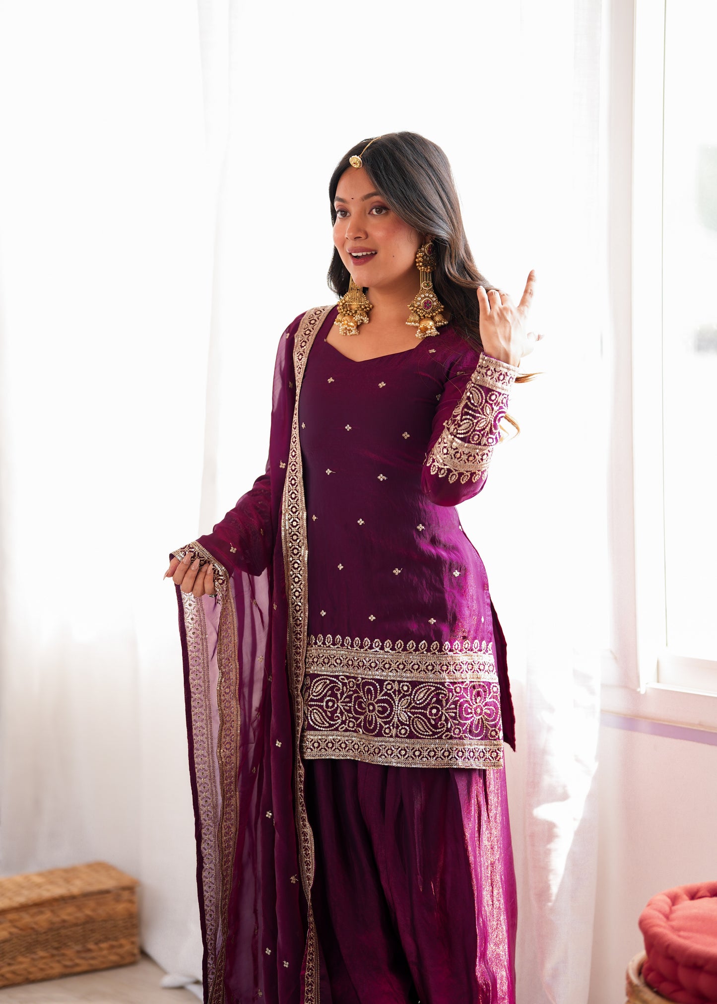 LadyVastara Heavy Fendy Silk Embroidered Kurta with Farshi Shalwar & Roman Silk Dupatta