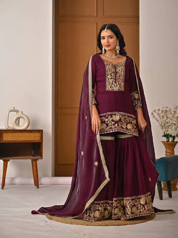 LadyVastara Premium Heavy Fendy Silk Embroidery Sharara Palazzo Suit