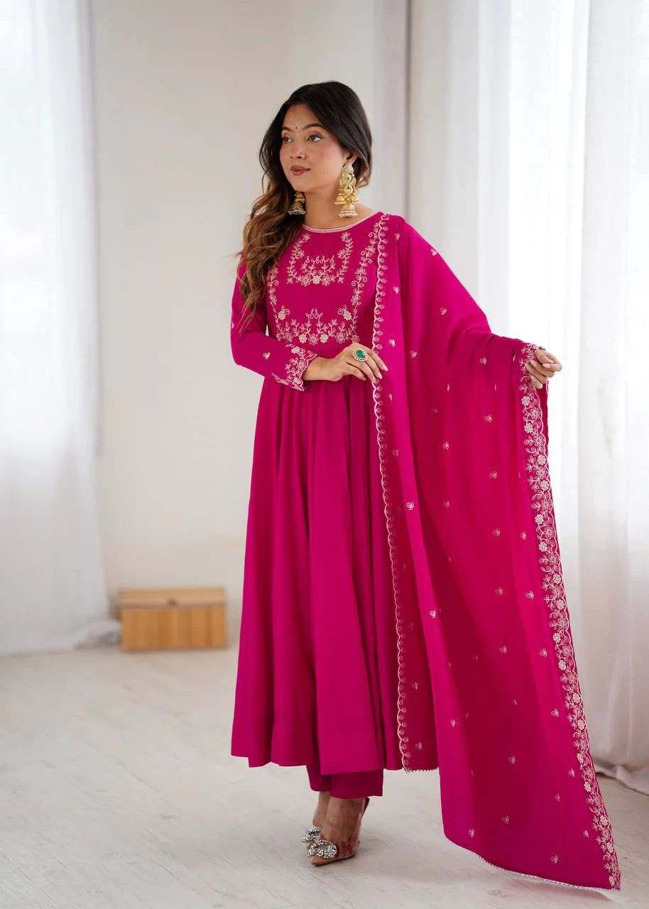 LadyVastara Premium Roman Chanderi Silk Flared Anarkali Suit Set with Embroidered Dupatta for Wedding & Festive Wear
