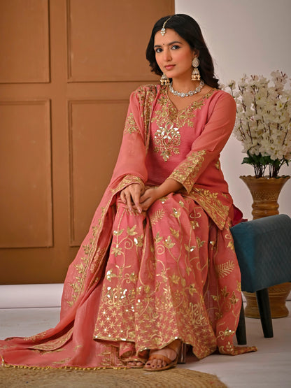 LadyVastara Royal Peach Crunchy Silk Embroidered Sharara Set