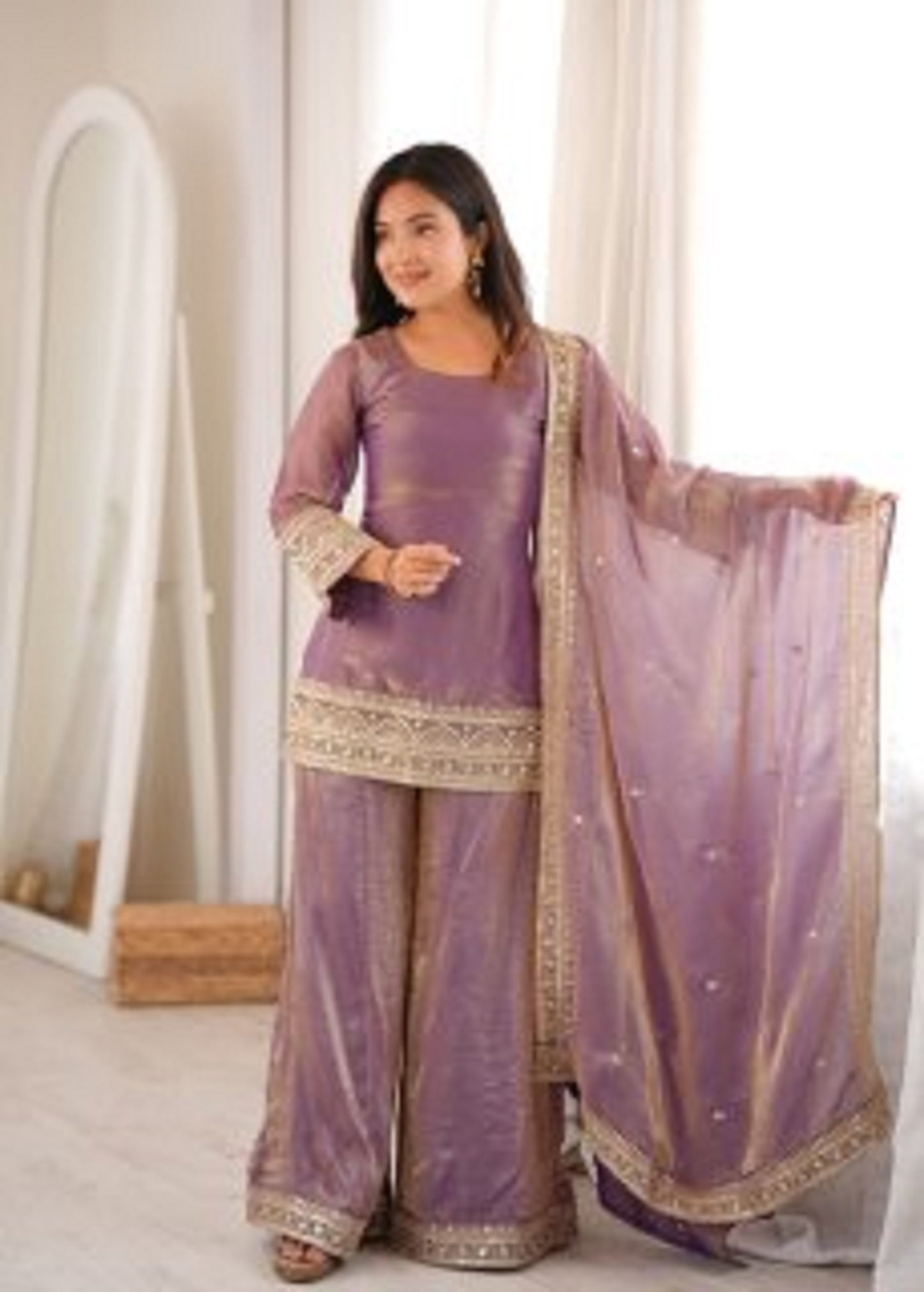 LadyVastara Trendy Silk Embroidered Kurta Palazzo Set with Dupatta