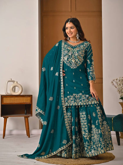 LadyVastara Royal Purple Luxurious Wedding & Party Wear Heavy Embroidered Sharara Suit