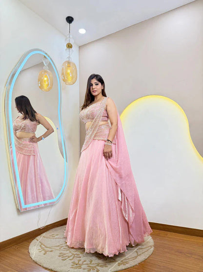 LadyVastara Royal Pink Fandy Organza Lehenga Choli with Cancan for Reception, Sangeet & Party Wear