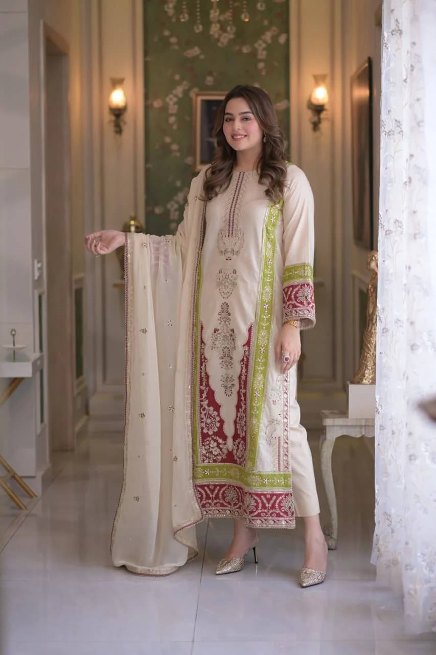 LadyVastara Elegant Embroidered Roman Silk Kurta Set for Festive Occasions