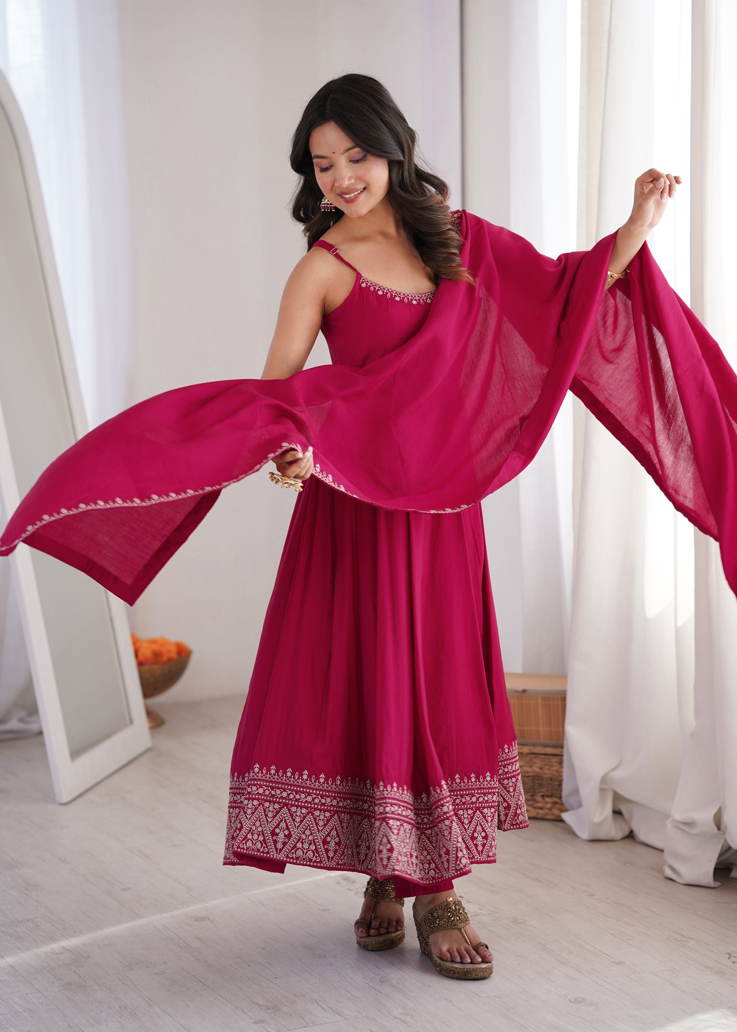 LadyVastara Elegant Sleeveless Roman Silk Chanderi Anarkali Dress
