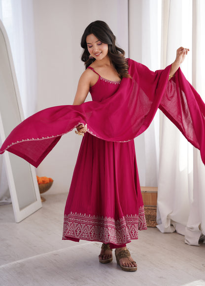 LadyVastara Elegant Sleeveless Roman Silk Chanderi Anarkali Dress