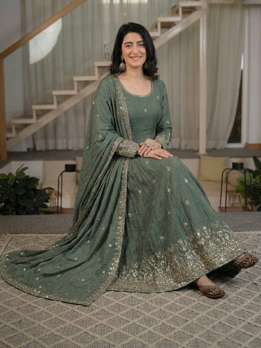LadyVastara Women's Heavy Crunchy Silk Anarkali Suit Set with Embroidered Dupatta