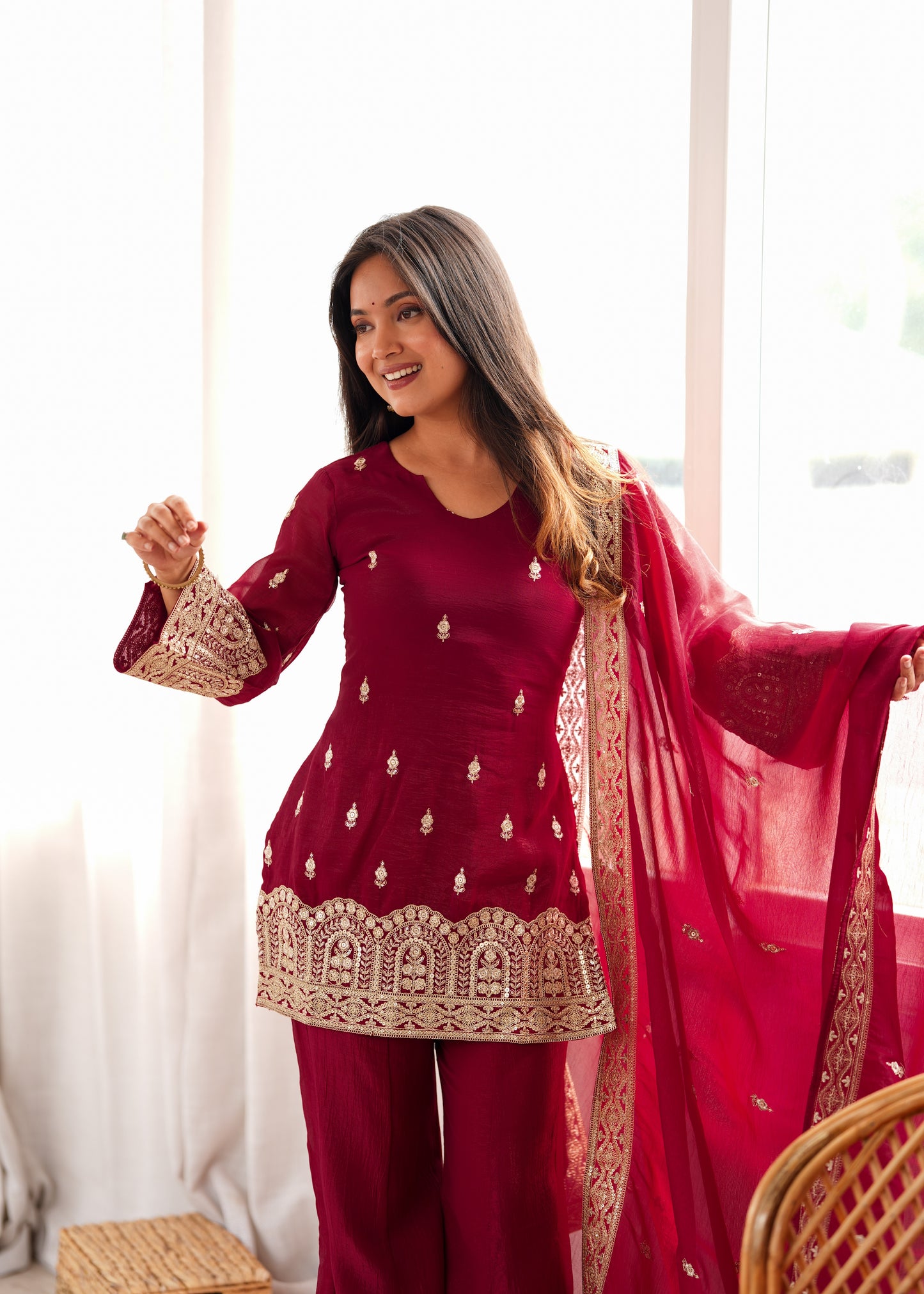 LadyVastara Designer Crunchy Silk Embroidered Kurta Bell Bottom Pant Set with Dupatta