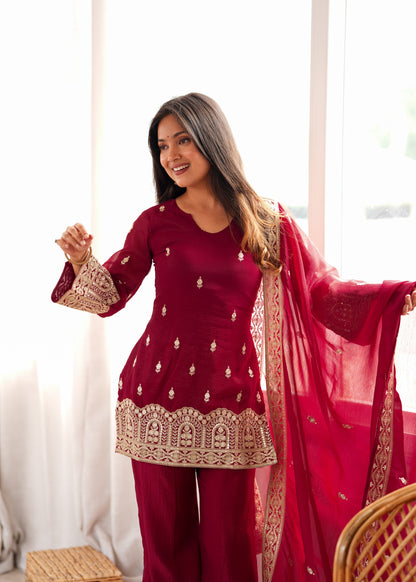LadyVastara Designer Crunchy Silk Embroidered Kurta Bell Bottom Pant Set with Dupatta