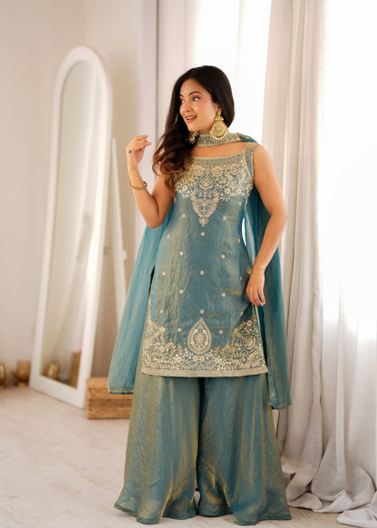 LadyVastara Premium Pure Fendy Silk Embroidered Sharara Set with Dupatta