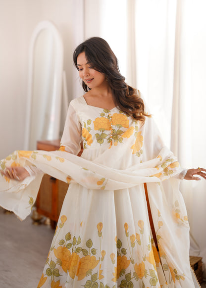 LadyVastara Women's Heavy Organza Silk Floral Print Anarkali Gown Set with Dupatt