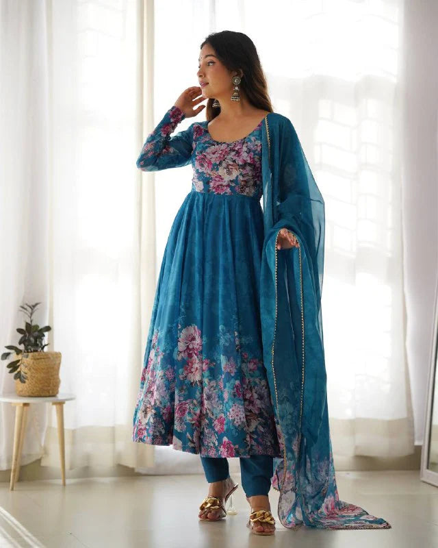 LadyVastara Pure Soft Organza Silk Fully Flared Kali Cut Anarkali Suit Set with Dupatta & Pant