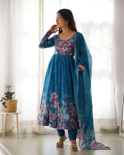 LadyVastara Pure Soft Organza Silk Fully Flared Kali Cut Anarkali Suit Set with Dupatta & Pant