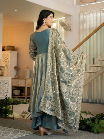 Designer Heavy Fandy Silk Embroidered Anarkali Suit Set with Palazzo & Dupatta