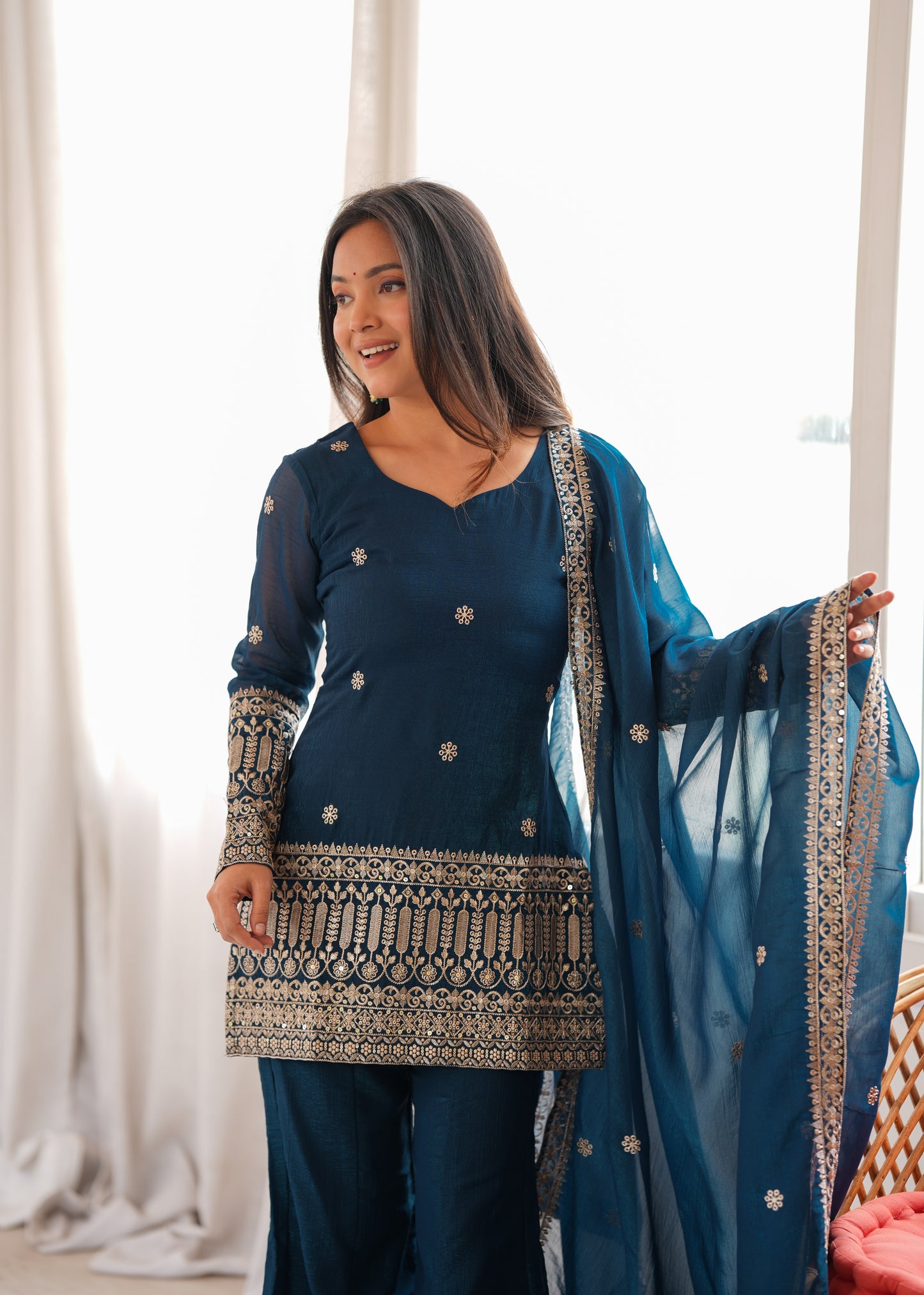 LadyVastara Crunchy Silk Embroidered Kurta with Bell Bottom Pant & Dupatta