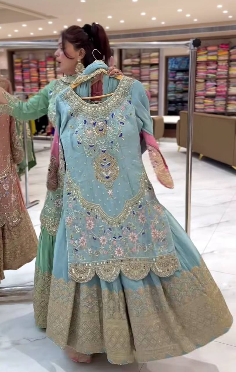 LadyVastara Mint Green Embroidered Sharara Suit | Perfect for Wedding Functions & Reception