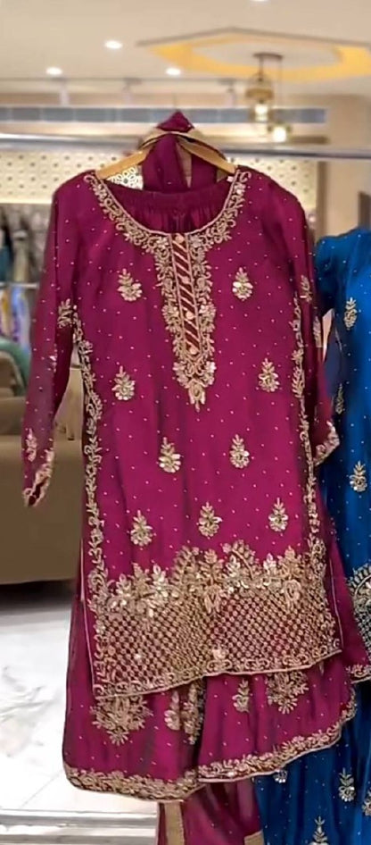Ladyvastara Heavy Chinon Silk Sequence Embroidery Sharara Set with Dupatta