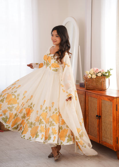 LadyVastara Women's Heavy Organza Silk Floral Print Anarkali Gown Set with Dupatt