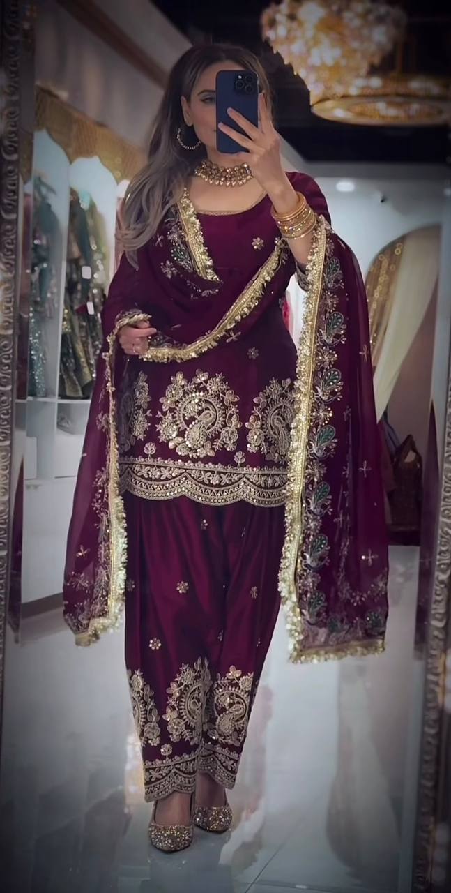 LadyVastara Heavy Embroidered Crushi Silk Top with Stylish Farshi Salwar Set