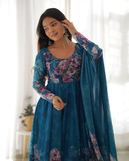 LadyVastara Pure Soft Organza Silk Fully Flared Kali Cut Anarkali Suit Set with Dupatta & Pant
