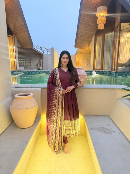 LadyVastara Traditional Vichitra Silk Anarkali with Modern Embroidery Design