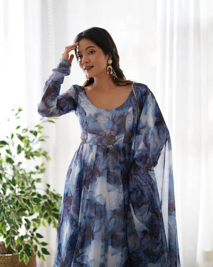LadyVastara Women’s Pure Soft Organza Silk Marble Print Anarkali Suit Set with Gota Patti Dupatta