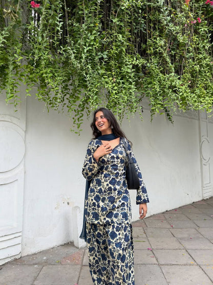 Premium Pure Cambric Cotton Kurti with Farshi Pant & Faux Georgette Dupatta Set