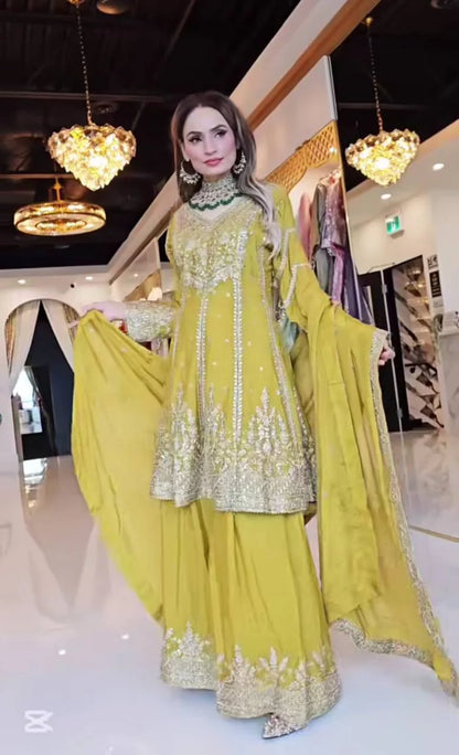 LadyVastara Heavy Chinon Silk Embroidered Top Sharara Palazzo Set with Dupatta