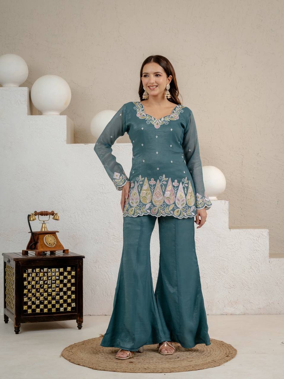 LadyVastara Heavy Crunchy Silk Embroidered Kurta Set with Palazzo & Dupatta
